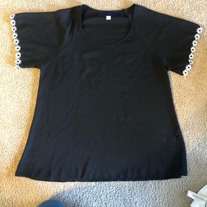 Sheer Black Blouse with White Floral Sleeve